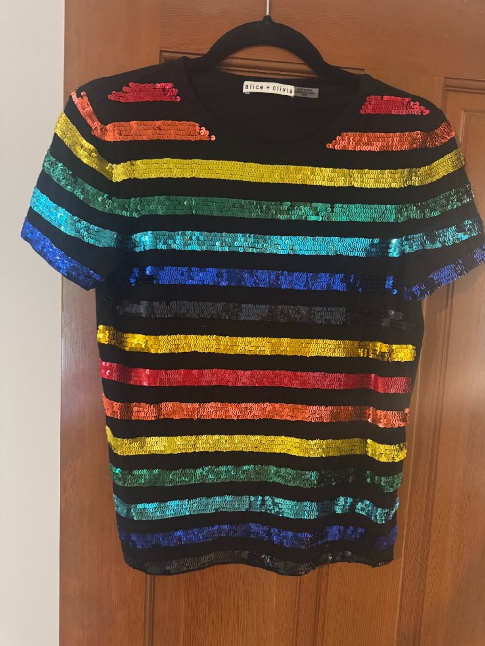Alice + Olivia XS Rainbow Sequin Stripe Black Short Sleeve Top